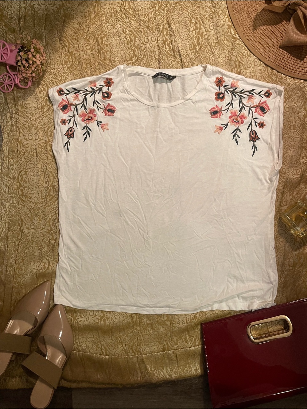 White Short Sleeve Tee with Pink Floral Shoulder Embroidery